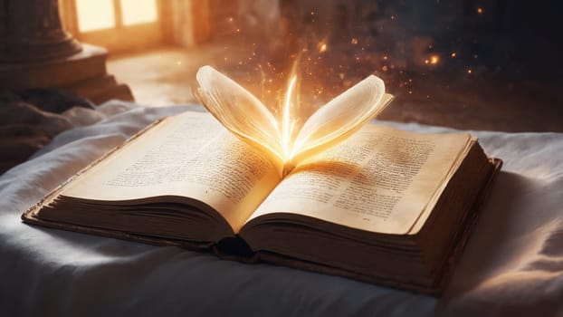 In a tranquil, softly lit space, an ancient book lies open, emanating a warm, magical glow that fills the room with wonder, inviting exploration and igniting the imagination.