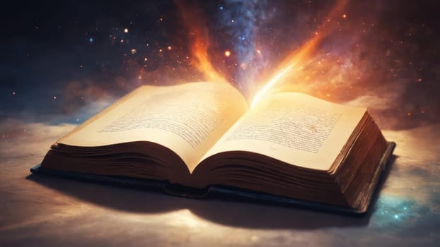 In a tranquil, softly lit space, an ancient book lies open, emanating a warm, magical glow that fills the room with wonder, inviting exploration and igniting the imagination.