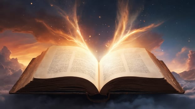 An ancient book lies open, radiating vibrant light that dances upward, set against a starry sky. The enchanting glow creates a mystical atmosphere, suggesting hidden knowledge and wonder.