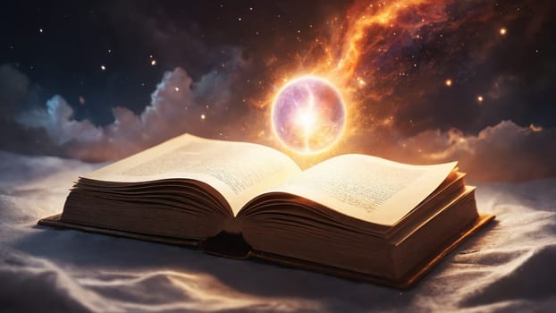 An ancient book lies open, radiating vibrant light that dances upward, set against a starry sky. The enchanting glow creates a mystical atmosphere, suggesting hidden knowledge and wonder.