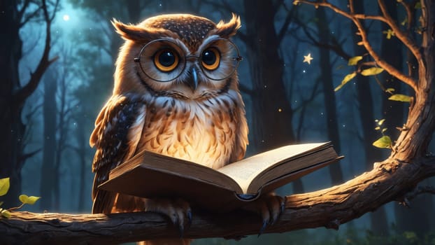 In a serene forest illuminated by gentle moonlight, a majestic owl perches on a branch, intently reading an ancient book. The scene is enchanting, filled with wonder and magic.