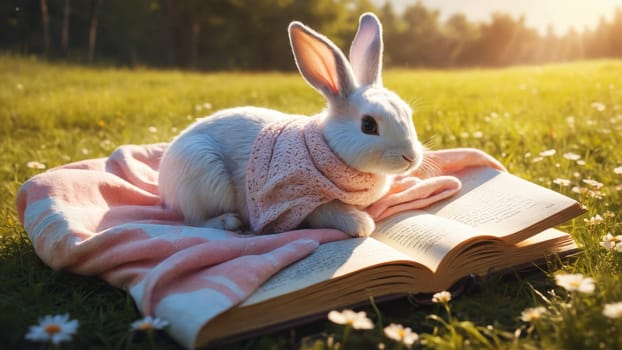 A fluffy white rabbit rests comfortably on a vibrant blanket draped over an open book, surrounded by blooming flowers, as the warm sunlight bathes the tranquil landscape in golden hues.