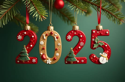 The numbers 2025 are represented as Christmas ornaments hanging from branches. High quality photoThe numbers 2025 are represented as Christmas ornaments hanging from branches. Each digit is adorned with simple icons: angels, bells, trees, and snowmen, in traditional holiday colors of red, green, and gold.