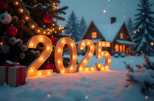 Discover the stunning 2025 numbers made from sparkling snow, adorned with beautiful Christmas ornaments. This enchanting design captures the joy and magic of the holiday season. High quality photo