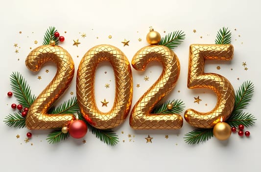 Delight in the stunning 2025 numbers adorned with golden snake scales, accented by festive touches like pine branches, ornaments, and candles. Embrace a luxurious celebration of the new year. High quality photo