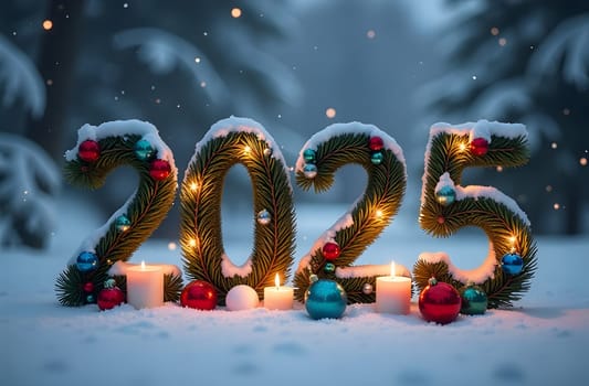 Discover the enchanting 2025 numbers crafted from Christmas wreaths adorned with vibrant ribbons, pine cones, and red berries. Lit candles are placed between the digits, adding warmth to this festive design. High quality photo