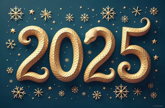 Discover the elegant 2025 numbers styled as a smooth snake with golden scales against a dark background, adorned with shimmering gold snowflakes. This design exudes luxury and holiday charm. High quality photo
