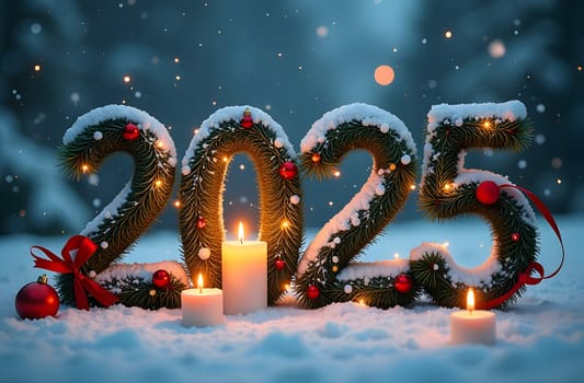 The numbers 2025 are crafted from snow-covered pine branches, adorned with colorful Christmas ornaments, candles, and ribbons. In the background, a winter night sky sparkles with falling snow, creating a festive atmosphere. High quality photo
