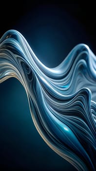 Curves of blue and silver blend seamlessly, creating a mesmerizing flow that captures the essence of movement, depth, and artistic expression in a dark setting.