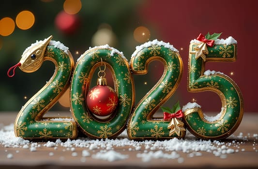 Admire the 2025 numbers shaped like a green snake adorned with snowflakes, featuring a Christmas ornament at its center. This playful design adds a fun and festive touch to the holiday season. High quality photo