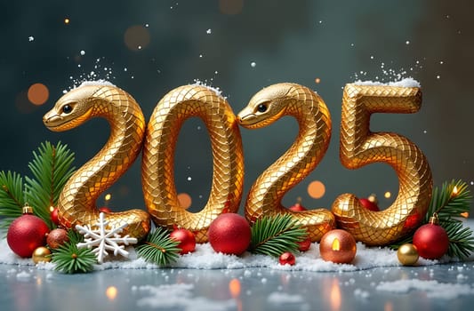Experience the dazzling 2025 numbers styled with golden snake scales, surrounded by festive elements like pine branches, ornaments, and candles. Celebrate the new year in luxurious style