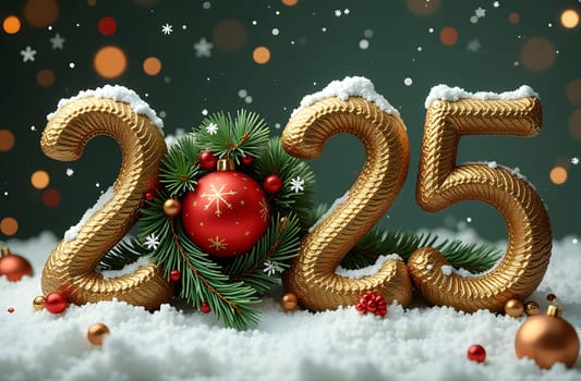 Discover the stunning 2025 numbers designed with a golden snake scale pattern, complemented by festive elements like pine branches, ornaments, and candles, perfect for celebrating the holiday season. High quality photo