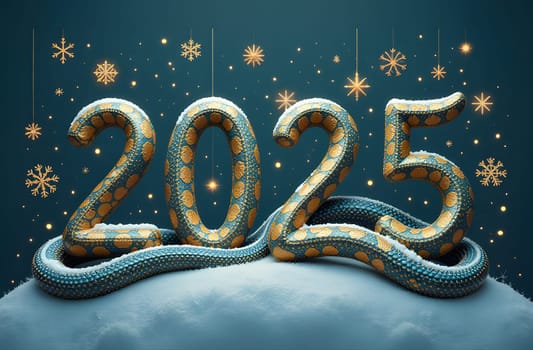 Behold the stunning 2025 numbers designed as a smooth snake featuring golden patterns against a dark background, embellished with shimmering gold snowflakes. This design radiates elegance and holiday cheer. High quality photo
