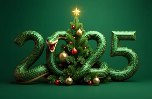Discover the 2025 numbers designed as a snake entwined around pine branches. The Christmas tree is beautifully decorated with ornaments, and a bright star shines at the center, embodying the holiday spirit. High quality photo