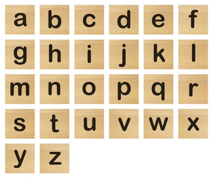A set of lower case alphabet wood blocks on white with clipping path