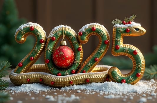 Explore the 2025 numbers designed as a green snake, decorated with snowflakes and featuring a Christmas ornament at its center. This whimsical design adds a festive flair to the holiday season. High quality photo