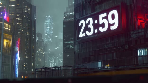 Digital clock shows 23,59 in a futuristic city at night, with neon lights and skyscrapers creating a moody atmosphere. The countdown to midnight adds urgency to the fast paced city life