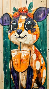 Painting of a cute dog drinking orange juice with strawberries on its head, created with thick brushstrokes and vibrant colors