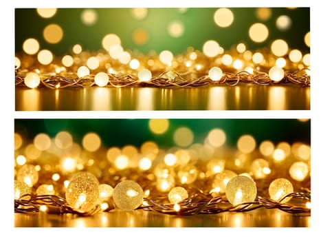Panoramic wallpaper. Copy space. Used for digital decorative backgrounds, cards and holiday promotions.Christmas light decorations with a green diffused background