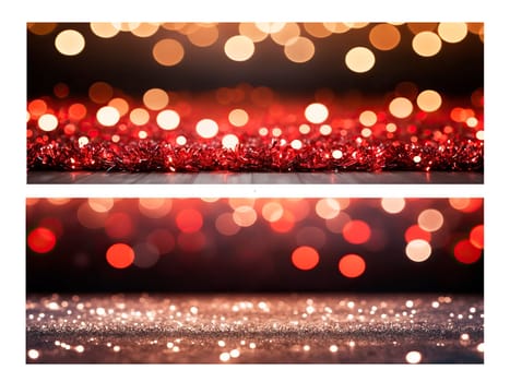 Wide blurred festive abstract background of Christmas lights .Space for text.Decorative wallpaper. Used for digital backgrounds, cards and holidays promotions. AI generated