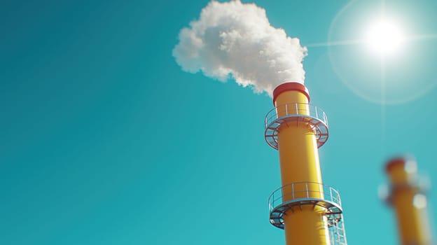vibrant industrial scene featuring yellow smokestack releasing steam against clear blue sky.