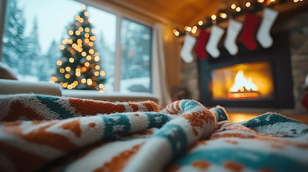 Cozy living room with warm fireplace and festive decorations, perfect for winter.