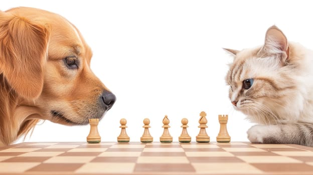 dog and cat are engaged in playful chess match, showcasing their unique personalities.
