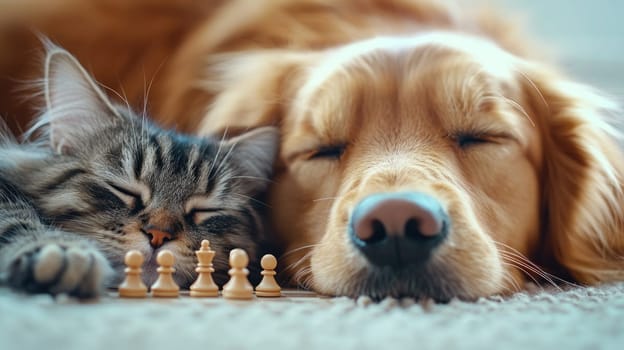 Sleeping dog and cat beside chess pieces, showcasing peaceful moment.