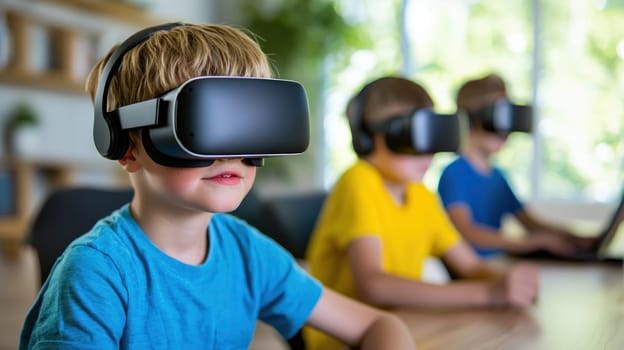 Engaged children wearing virtual reality headsets in bright room.