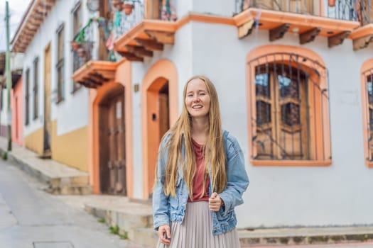 Female tourist walks through the colonial streets San Cristobal de las Casas, Mexico. Cultural exploration, architecture, and travel experience concept.