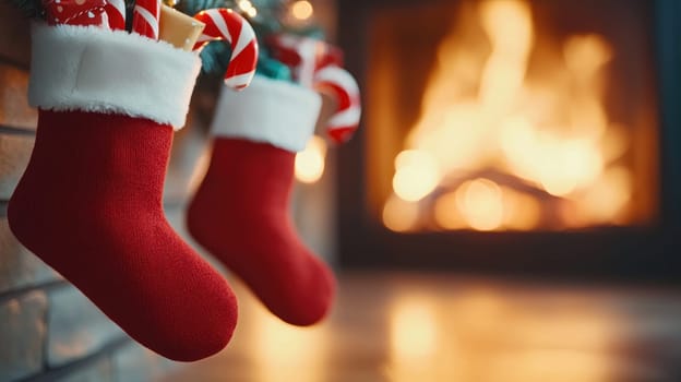 Cozy Christmas stockings hang by warm fireplace, creating festive atmosphere.