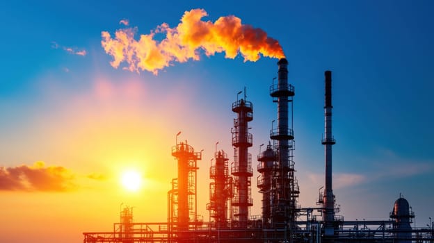Sunset over refinery plant with steam rising, showcasing industrial activity.