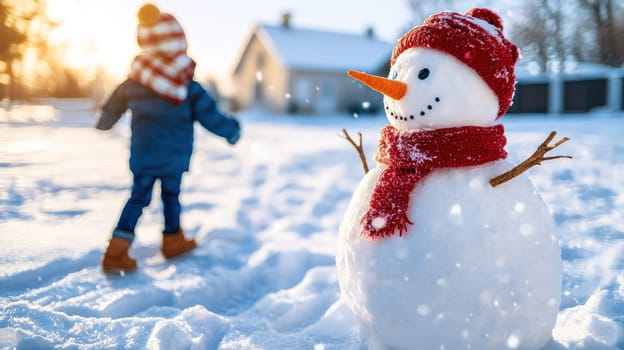 cheerful snowman with red scarf and carrot nose stands in snow.