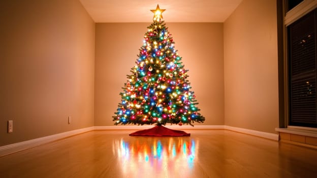 beautifully lit Christmas tree adorned with colorful lights and decorations, creating warm.