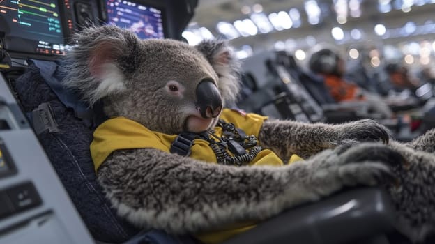 koala in space exploration suit sits comfortably in spacecraft, showcasing curiosity and adventure.