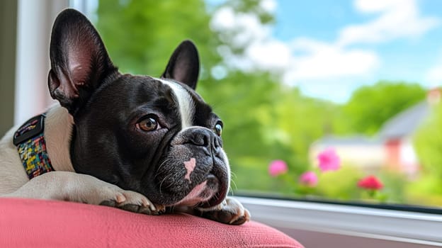 Relaxed dog gazing out window in modern home, enjoying view.