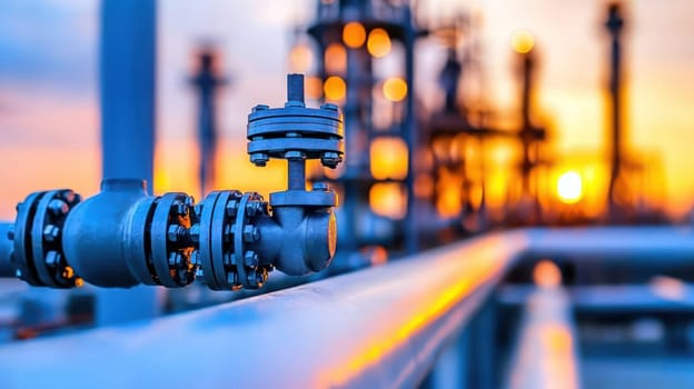 Pipelines and valves against vibrant sunset backdrop create striking industrial scene.