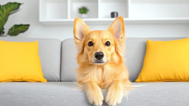 dog relaxing on couch in modern home, exuding calm and friendly vibe.