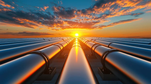 Sunset over pipelines stretching into horizon creates stunning view.