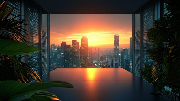 stunning view of city skyline at sunset, showcasing modern architecture and vibrant colors.
