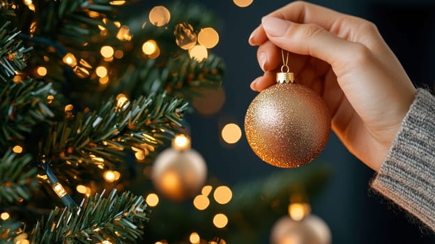 hand delicately hangs golden ornament on Christmas tree, creating festive atmosphere.