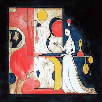 Elegant woman in a white dress is standing in front of an abstract painting with geometric shapes, gesturing with her hand as if presenting the artwork