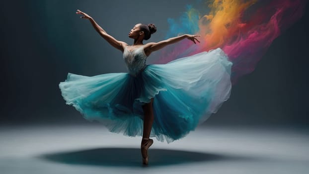 Young African-American Female Ballet Dancer in Blue Tutu and Black Leotard with Powder Paint Effect.
