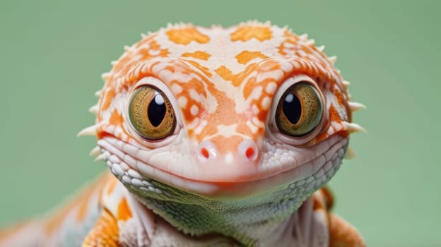 Extreme close up of a smiling fat tail gecko on a green background.