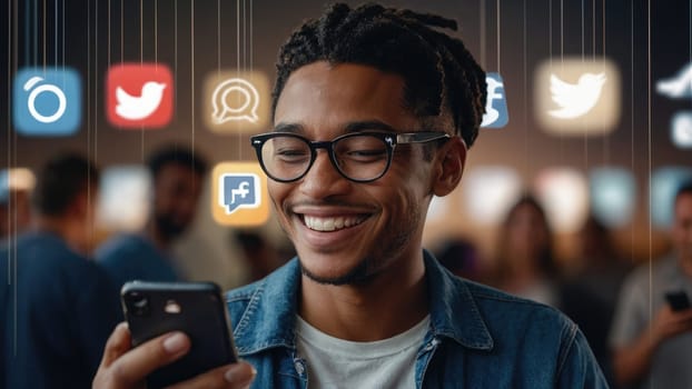 Cheerful African American man using smartphone with popular social media logos around.