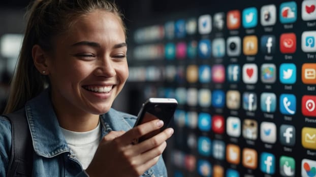 Smiling woman looking at her phone with social media apps on a screen in the background..