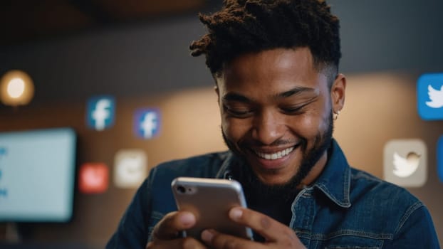 Millennial African American professional smiling while looking at his phone..