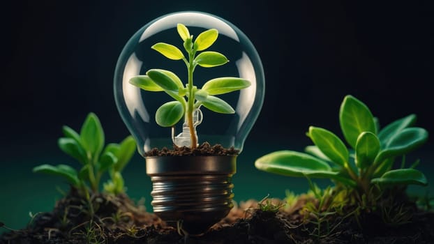 Illuminated Light Bulb with a Thriving Plant Inside Against a Dark Background Symbolizing Growth.