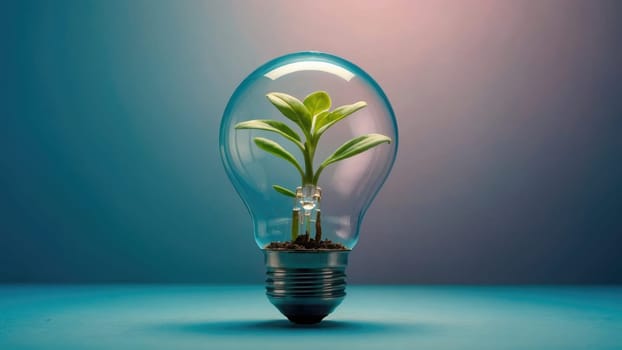 A Beautiful Light Bulb Featuring a Small Green Plant Growing Inside on a Bright Blue Background.