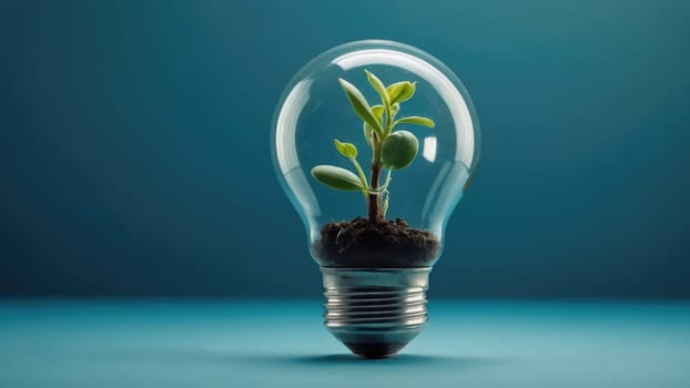 Creative Concept of a Light Bulb Containing a Growing Plant Against a Blue Background Image.